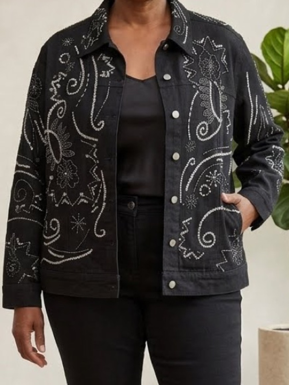 Victor Costa Jean Jacket Black denim silver sequin bead embroidery large fun NWT